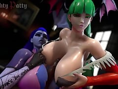 Widowmaker And Morrigan Work Together For a Double Titty Fuck That Leads To Cum Everywhere