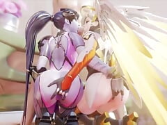 Widowmaker and Mercy Finger Each Other While Blowing the Same Big Cock