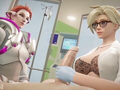 Dr. Mercy in a Lacey Bra Strokes a Big Cock Until it Explodes While a Hot Alien Chick Observes