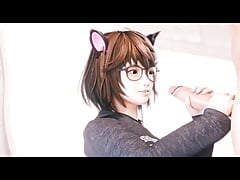 Tsukushi With Cat Ears Jerks Off a Big White Cock With Two Hands