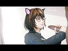 Tsukushi With Cat Ears Jerks Off a Big Black Cock With Two Hands