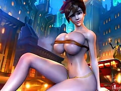 Tracer's Huge Tits Nearly Break the Band Wrapped Around Them As She Flexes