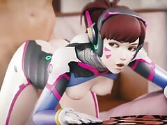 Dva's Tits Jiggle While She's Fucked Bent Over a Bed by a White Cock