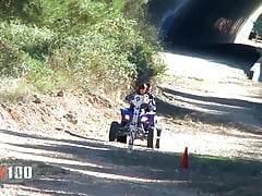 Kimy Blue and her huge natural boobs fucked in the ass on a quad
