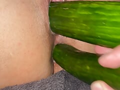 Big veggies in pussy, double anal fucked and oiled fisted