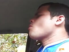 Two Horny Twinks Suck Their Hairy Cocks in the Car and Pound Their Tight Assholes Outside