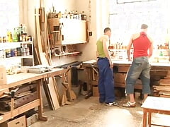 Gay sex in the shower and then in the workshop